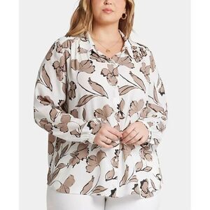 NYDJ Top Women's 2X White Floral Button Front Long Sleeve Modern Blouse JDM265
